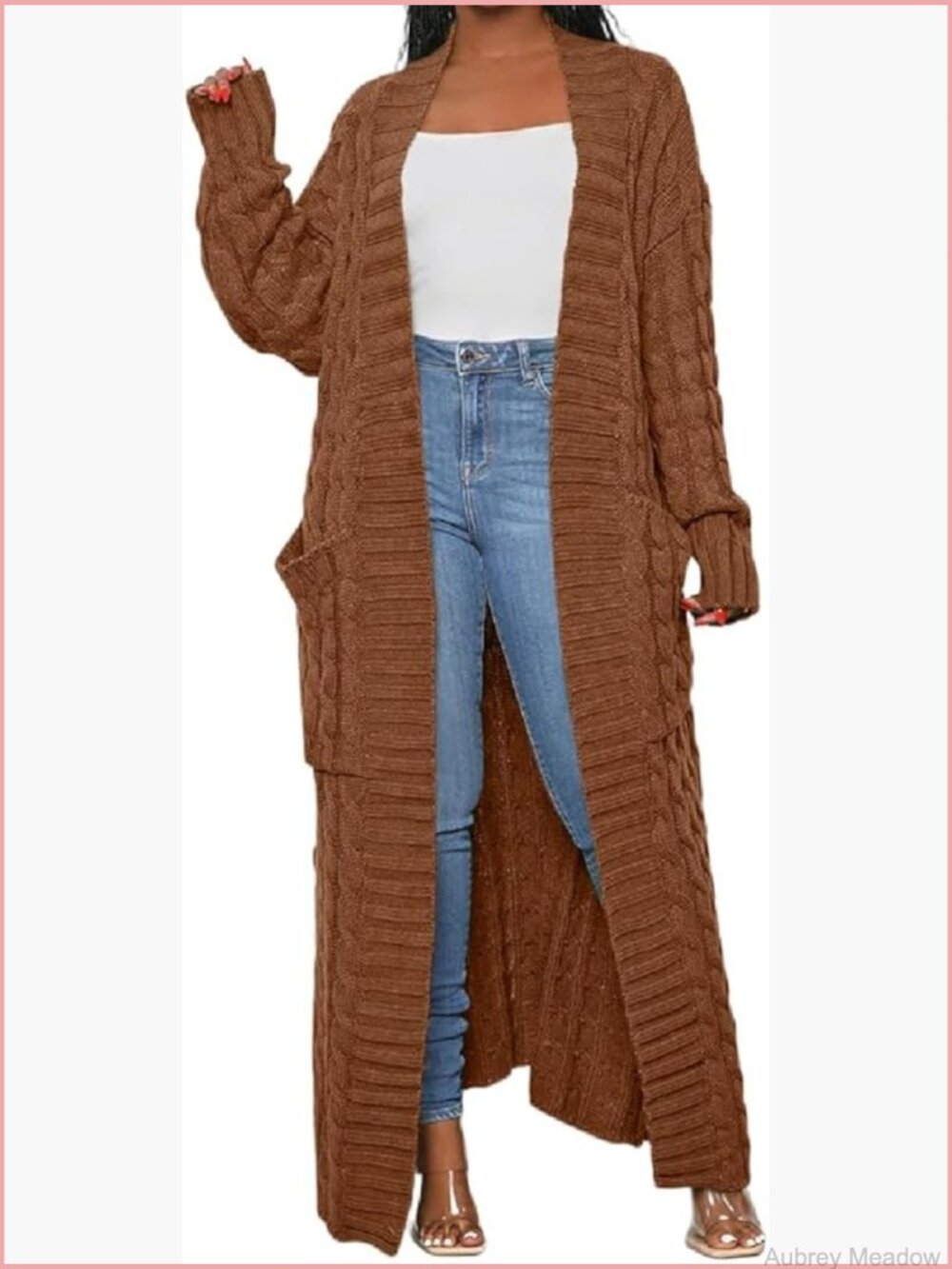 Women's Thin Cable Knit Cardigan w/ Pockets, Extra Long Ankle Length Sweater